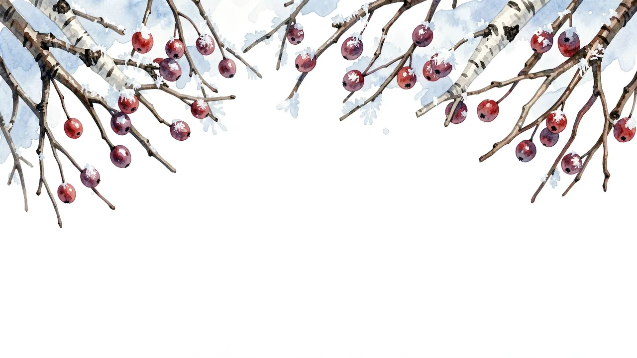 Watercolor illustration of frosted birch twigs with red berries along the top edge of a blank white background