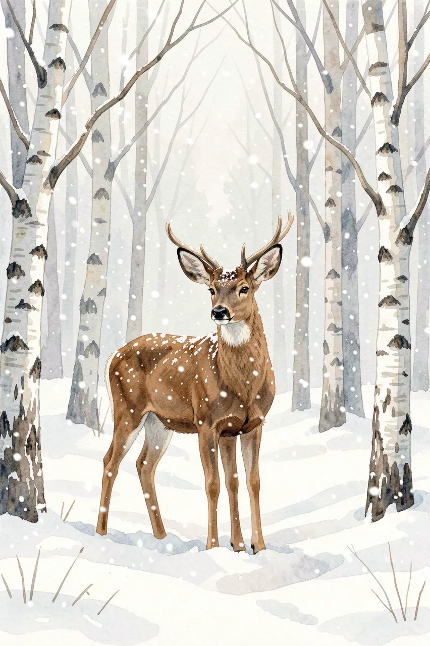 A watercolor illustration of a stag standing in falling snow between snow-dusted birch trees