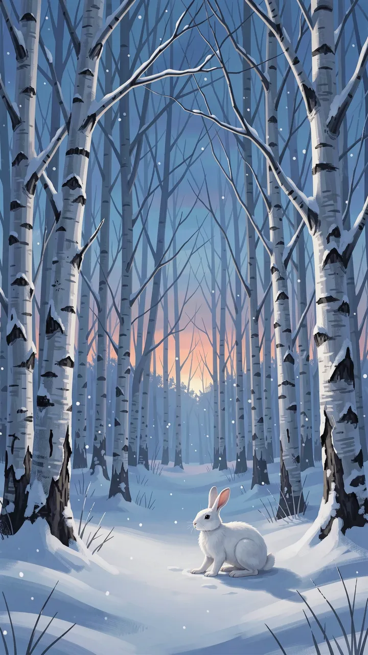 A white hare sits on snow in a snowy birch forest at twilight during gentle snowfall
