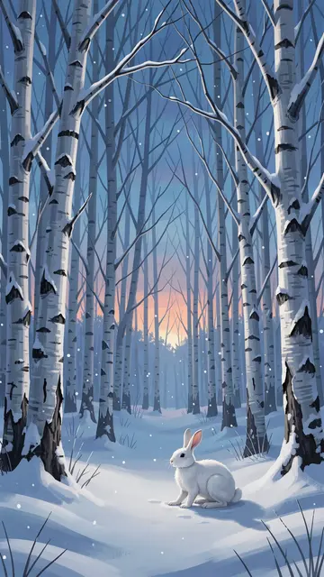 A white hare sits on snow in a snowy birch forest at twilight during gentle snowfall