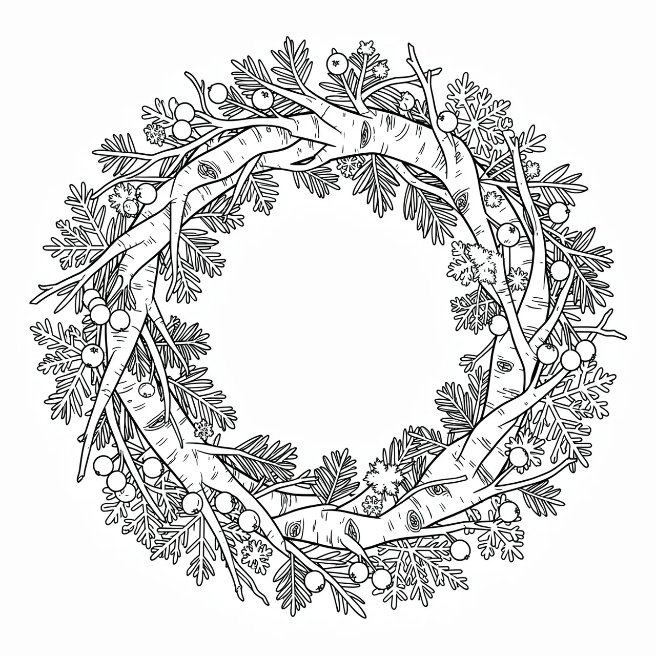 Intricate black and white line art of a winter wreath with birch twigs, berries and snowflakes on a plain white background