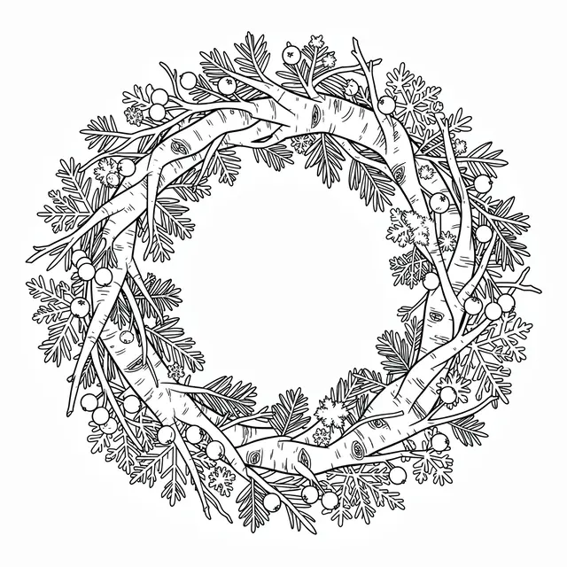 Intricate black and white line art of a winter wreath with birch twigs, berries and snowflakes on a plain white background