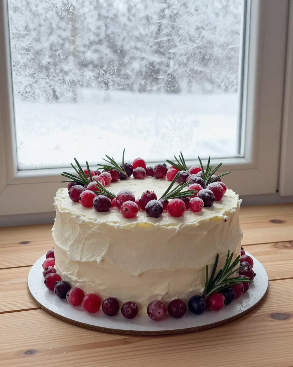 Frosted winter cake decorated with sugared cranberries and rosemary sits on a wooden table next to a frosted window