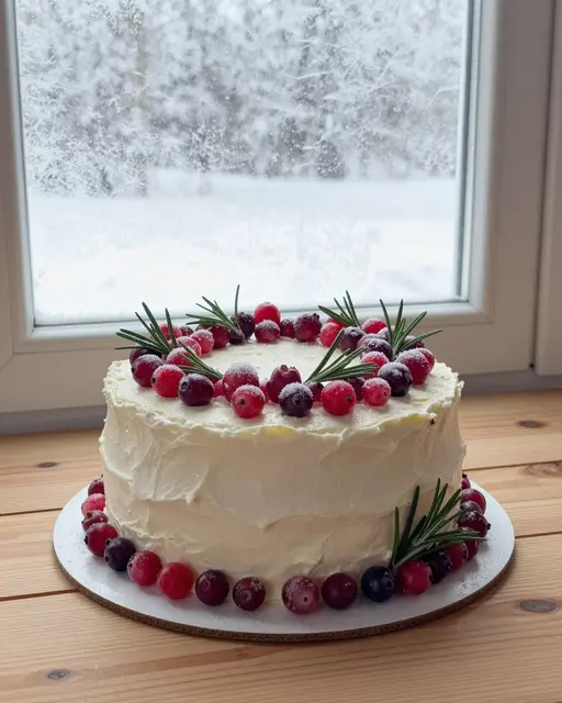 Frosted winter cake decorated with sugared cranberries and rosemary sits on a wooden table next to a frosted window