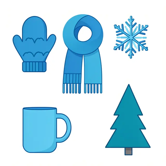 Flat vector illustration of five winter-themed icons in varying shades of cool blue on a plain white background