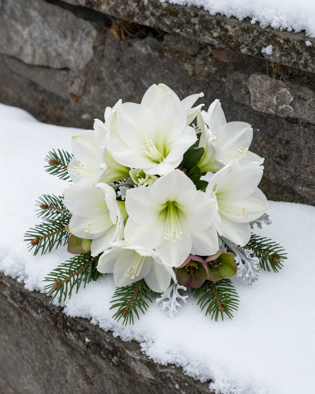 A bridal bouquet of white amaryllis, evergreen sprigs and hellebores rests on snow atop a rustic stone wall.