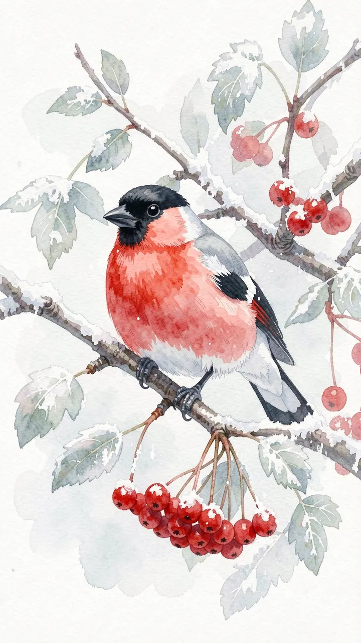Watercolor illustration of a rosy-breasted bullfinch perched on a snow-dusted rowan branch with red winter berries