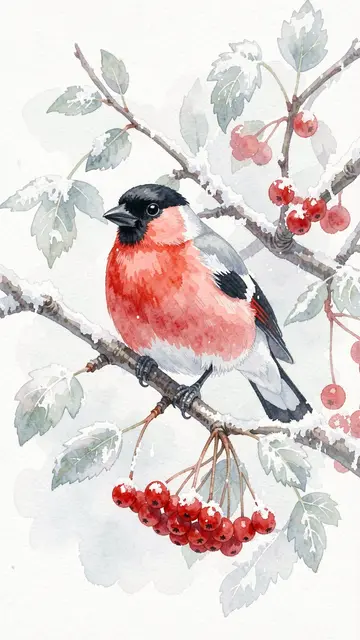 Watercolor illustration of a rosy-breasted bullfinch perched on a snow-dusted rowan branch with red winter berries