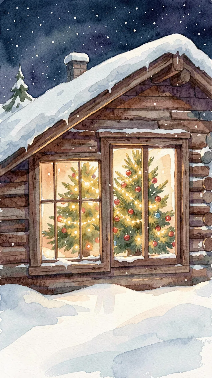 Watercolor illustration of a snow-covered log cabin with a lit Christmas tree visible through its windows on a snowy night