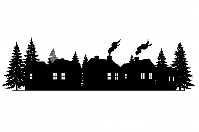 Black silhouette of a row of houses with smoking chimneys surrounded by pine trees on a plain white background