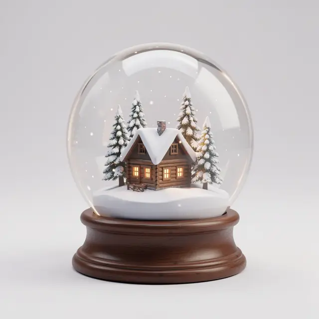 A 3D rendered snowglobe holding a lit log cabin and snow-covered pine trees on a dark wooden base