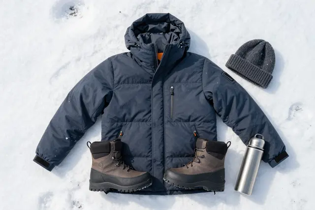 Flat lay arrangement of winter camping gear laid out on fresh white snow