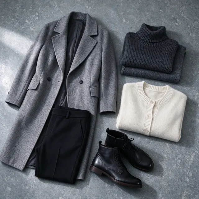 Overhead flat lay of folded winter clothing arranged on a smooth slate gray surface.