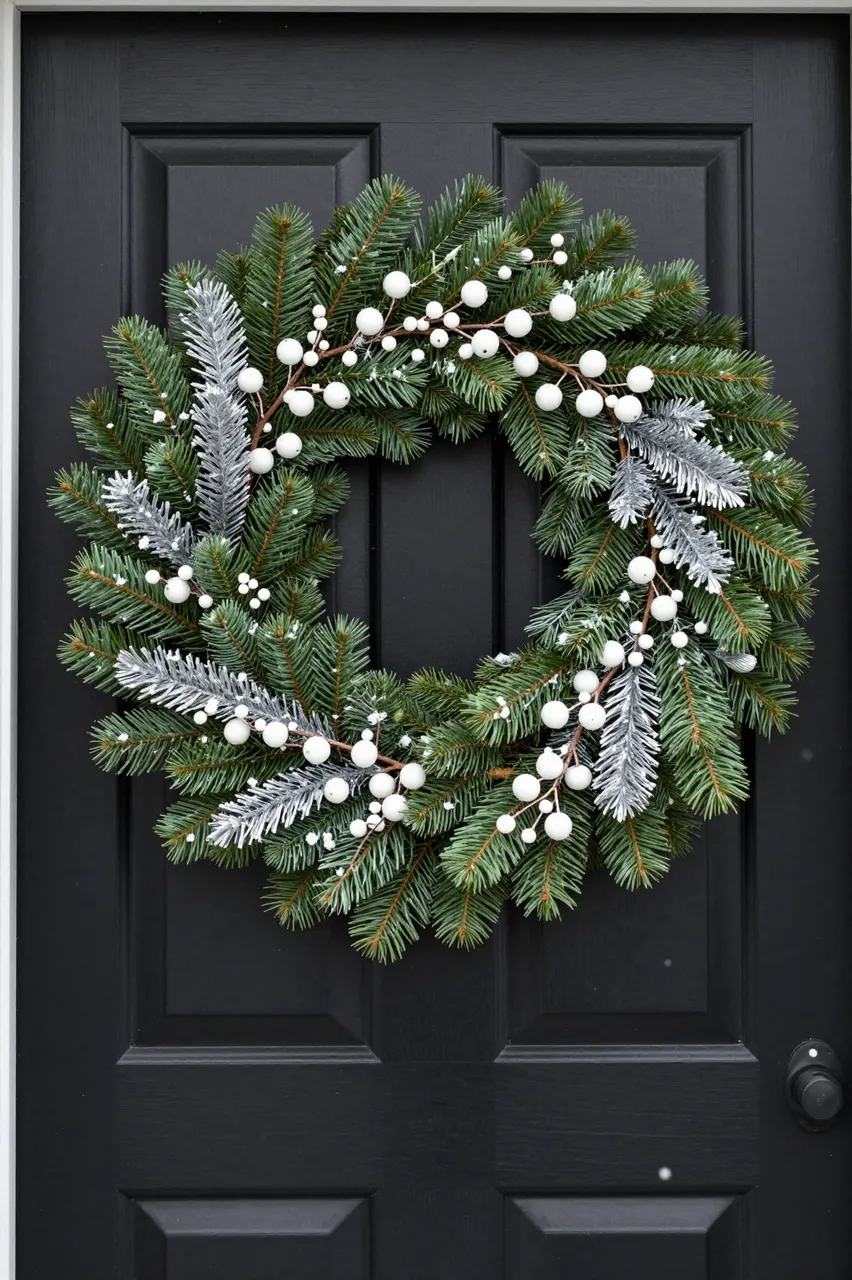 A festive evergreen Christmas wreath with white berries and silver foliage hangs on a glossy black front door with light