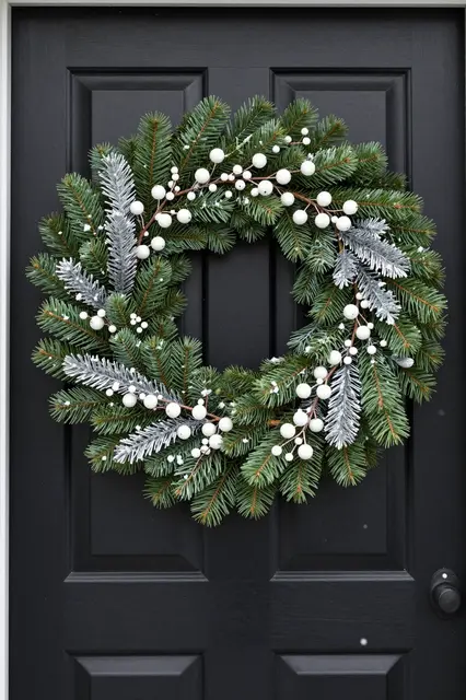 A festive evergreen Christmas wreath with white berries and silver foliage hangs on a glossy black front door with light