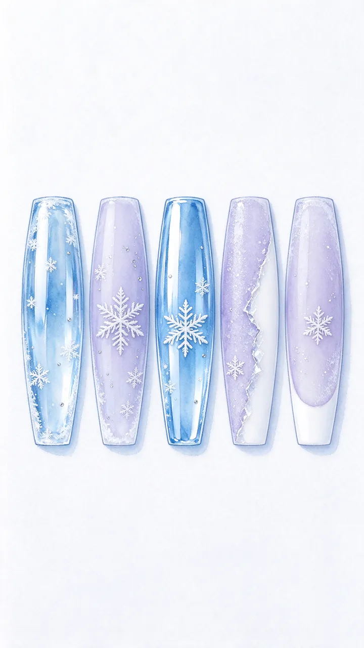 Five vertical winter-themed coffin nail tips arranged in a neat horizontal row on a soft white background