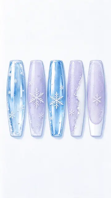Five vertical winter-themed coffin nail tips arranged in a neat horizontal row on a soft white background