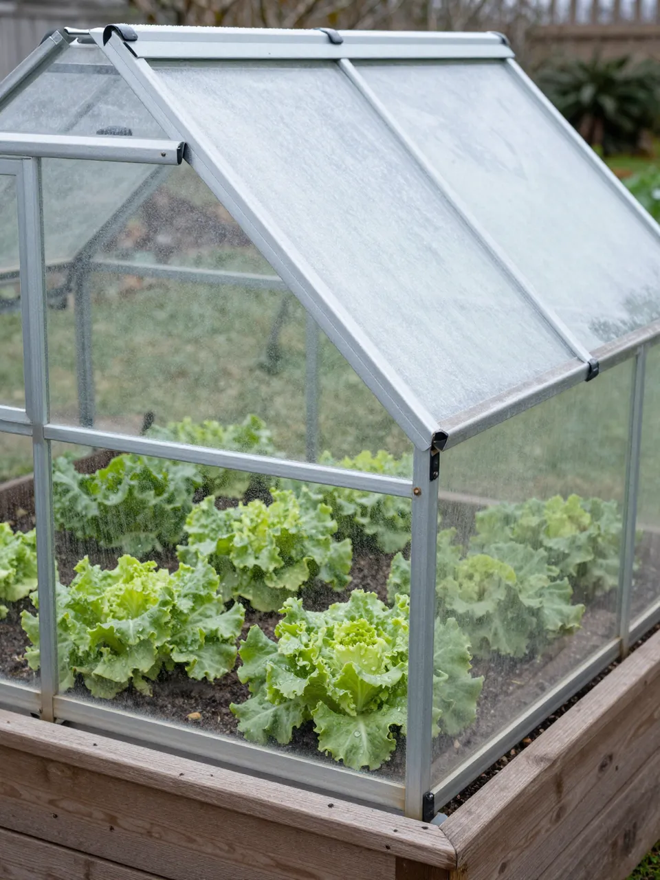 A hinged glass cold frame sits on a raised wooden garden bed holding leaf lettuce in frosty winter conditions.