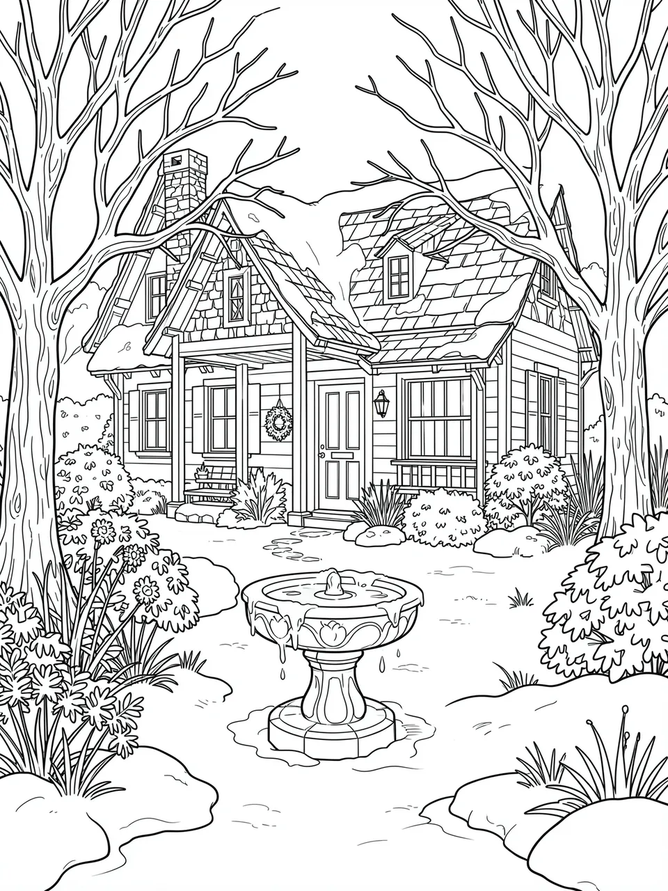 Black and white line art of a snowy cottage garden with a frozen birdbath and bare winter trees on a white background