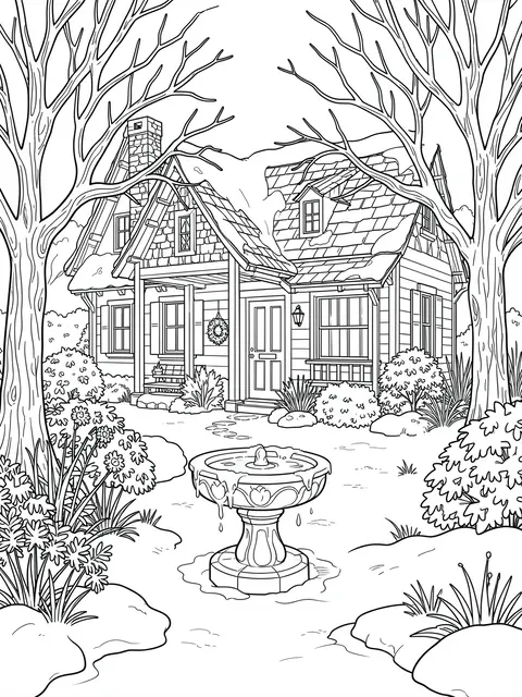 Black and white line art of a snowy cottage garden with a frozen birdbath and bare winter trees on a white background