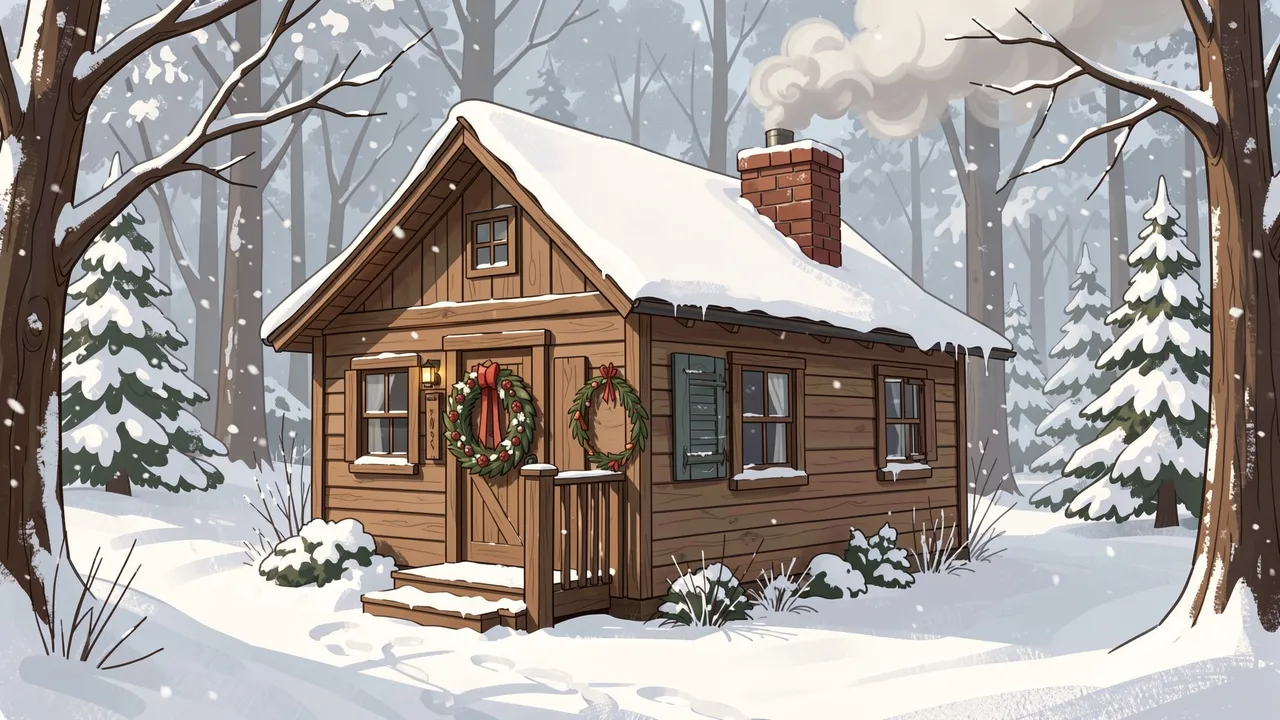 A cozy wooden cottage with holiday wreaths and chimney smoke sits in a snow-covered winter forest during gentle snowfall