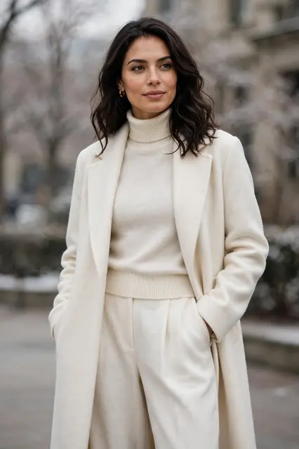 Latina woman in a cream winter outfit stands outdoors with her hands in her coat pockets