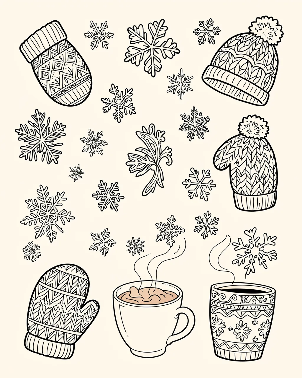 Black monoline doodles of mittens, knit hats, snowflakes, and hot cocoa arranged on an off-white background