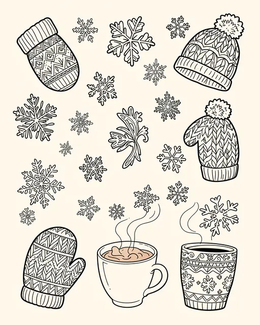 Black monoline doodles of mittens, knit hats, snowflakes, and hot cocoa arranged on an off-white background