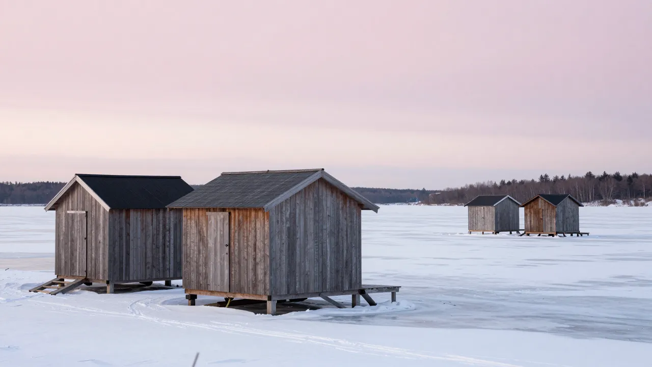 Weathered wooden fishing huts sit on a snow-covered frozen lake under a pale pink overcast sky