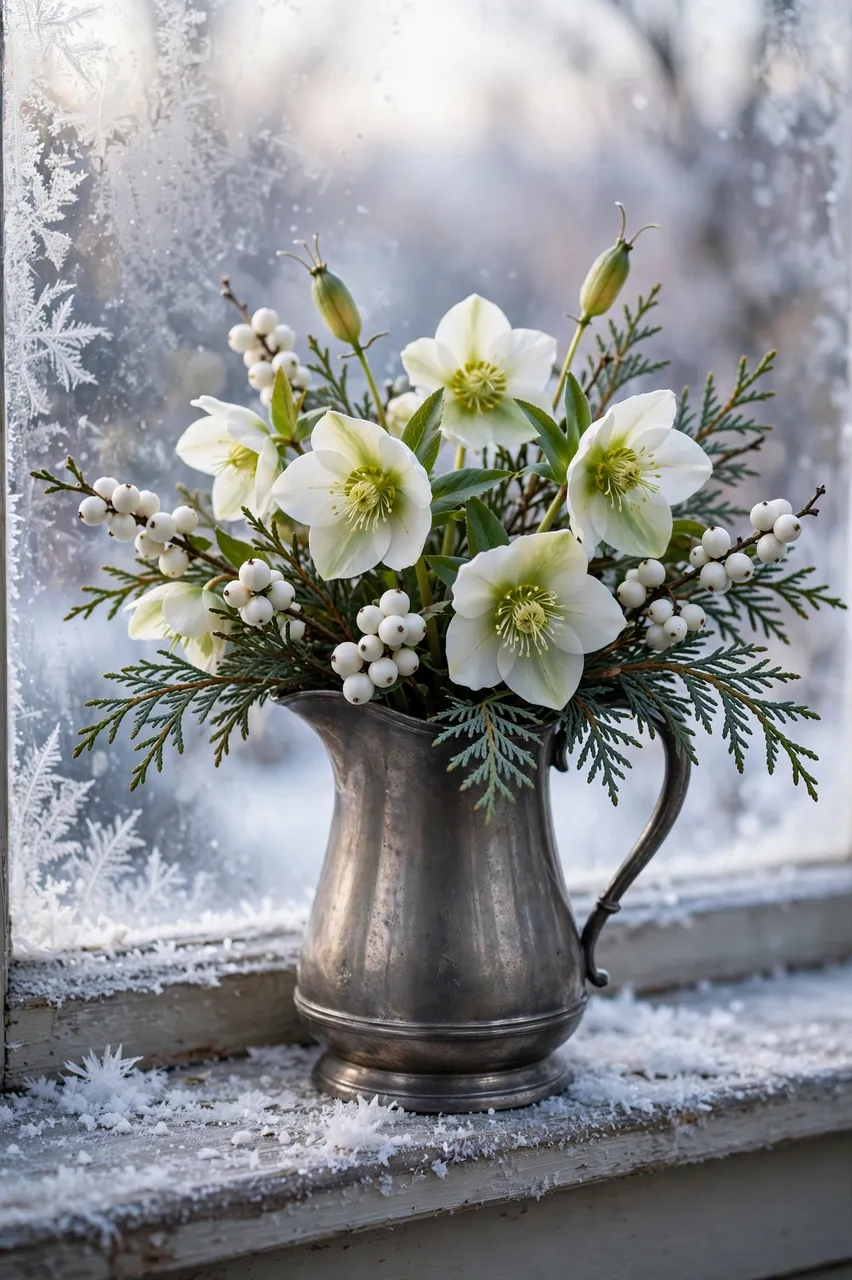 A pewter pitcher holding white hellebores, snowberries and cedar sits on a snow-dusted frosty windowsill