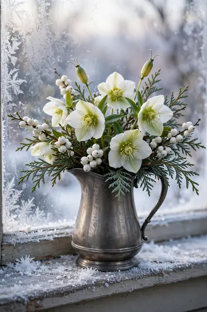 A pewter pitcher holding white hellebores, snowberries and cedar sits on a snow-dusted frosty windowsill