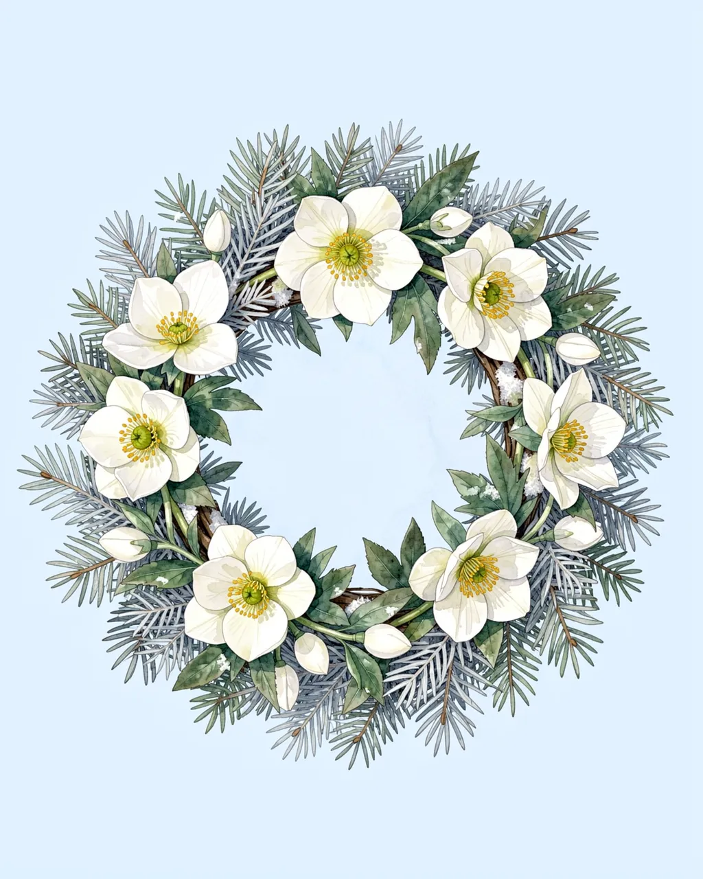 Watercolor winter wreath of white hellebores, silver fir, and flower buds on a pale blue background