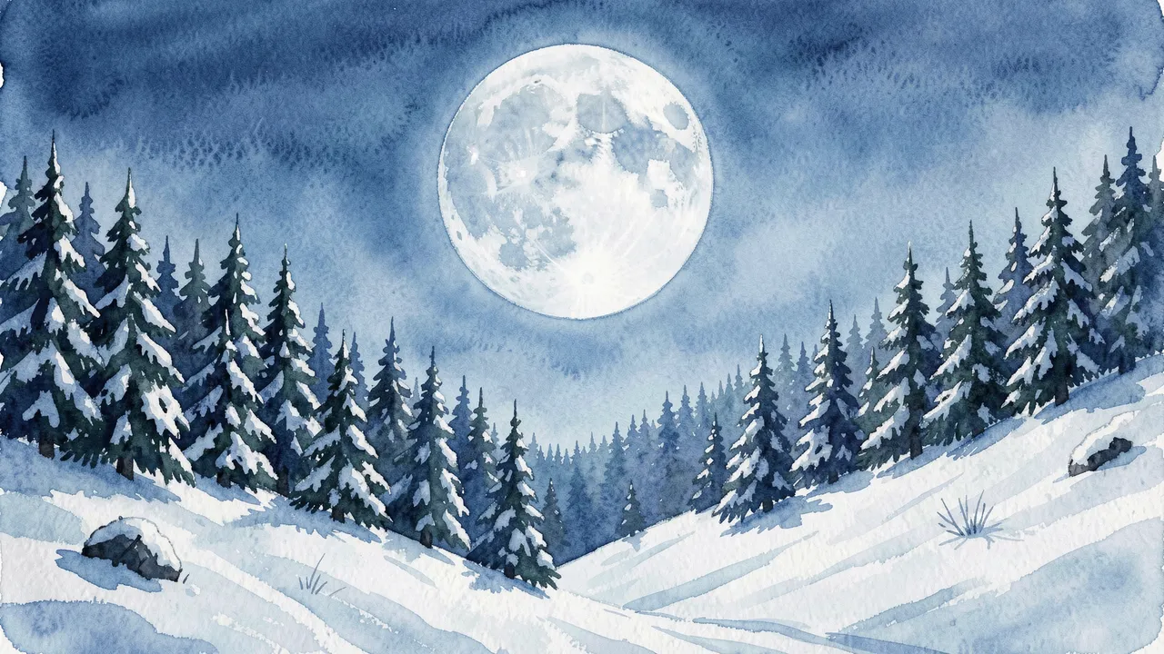 Watercolor gouache illustration of a snowy fir forest hillside under a large glowing full moon at night