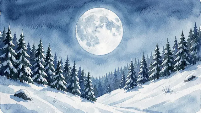 Watercolor gouache illustration of a snowy fir forest hillside under a large glowing full moon at night