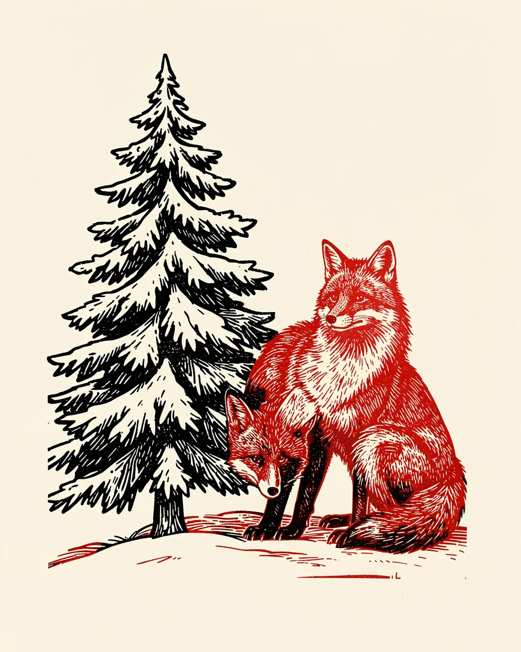 Red and black linocut print showing two red foxes sitting beside a snow-dusted pine tree on cream paper