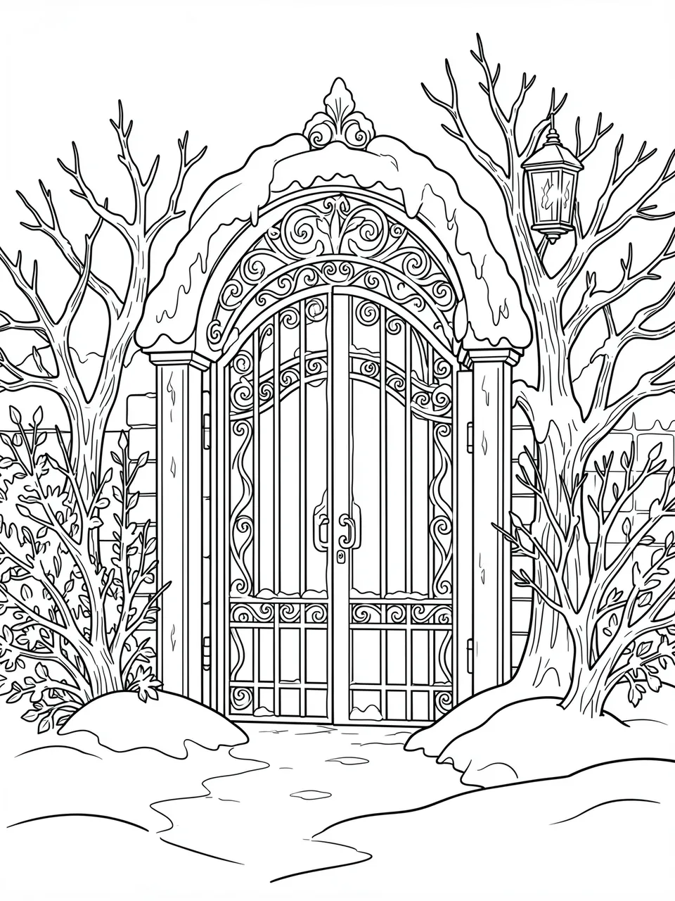 Black and white line art of an ornate snow-covered garden gate with bare branches and a lantern