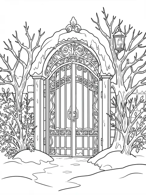 Black and white line art of an ornate snow-covered garden gate with bare branches and a lantern