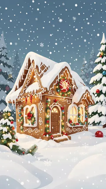 Decorated lit gingerbread house sits in falling snow surrounded by snowy evergreen trees for a Christmas scene