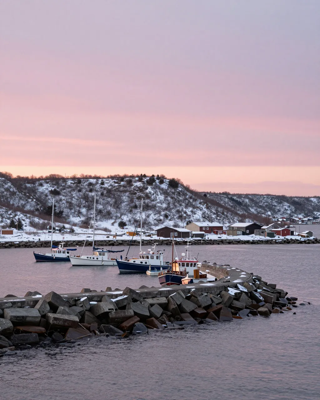 Boats moored inside a curved stone breakwater under a soft pink winter sunset sky