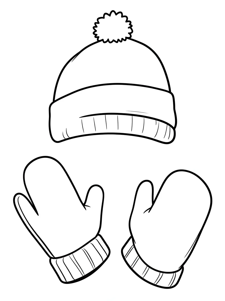 Black and white bold line art of a pom-pom winter hat and pair of knit mittens on a plain white background