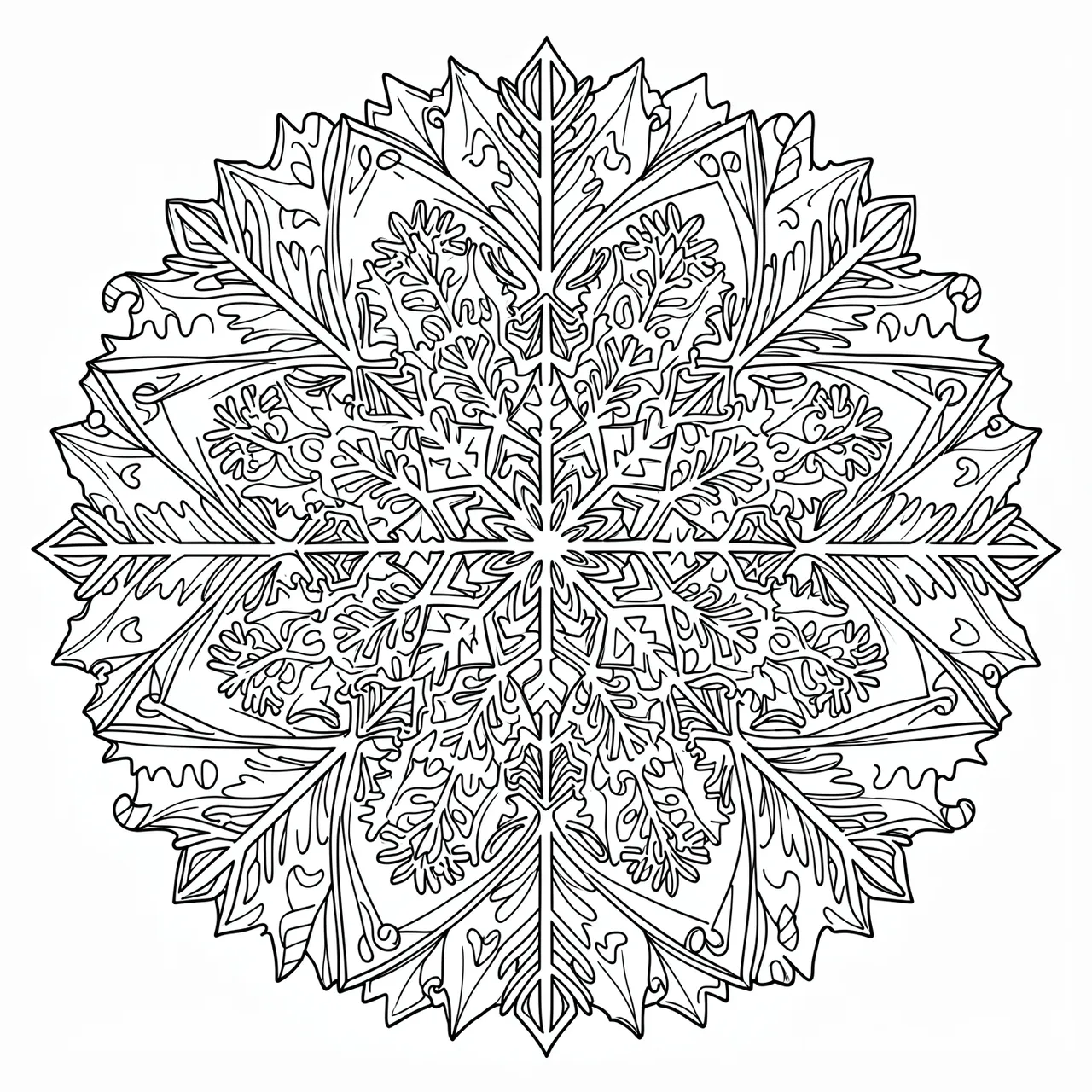 Intricate black and white line art holiday mandala on a plain white background