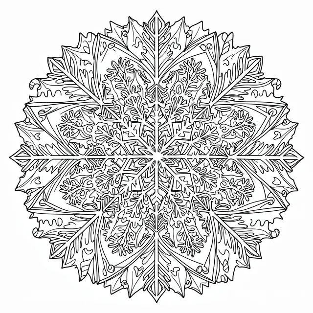 Intricate black and white line art holiday mandala on a plain white background