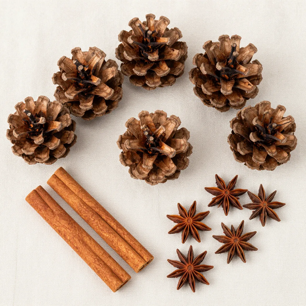 Top view arrangement of pine cones, cinnamon sticks and star anise on a light linen fabric background