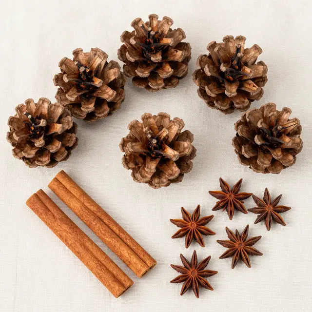 Top view arrangement of pine cones, cinnamon sticks and star anise on a light linen fabric background