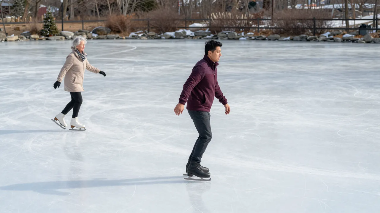 Two people ice skating on a smooth frozen outdoor pond on a bright winter day