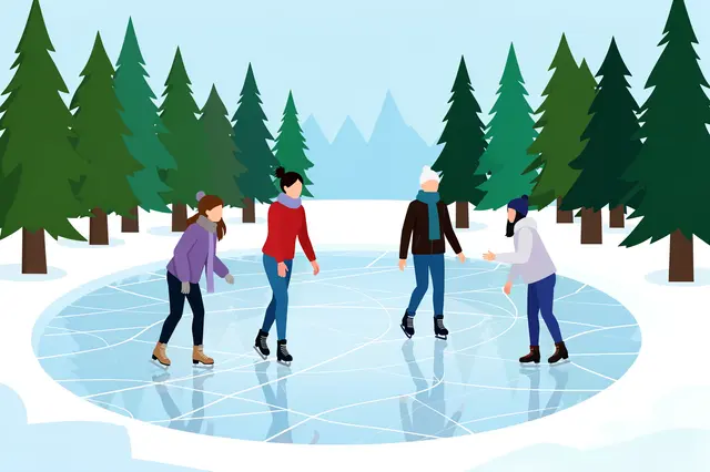 Faceless adults ice skate on a frozen circular pond ringed with pine trees under a pale winter sky