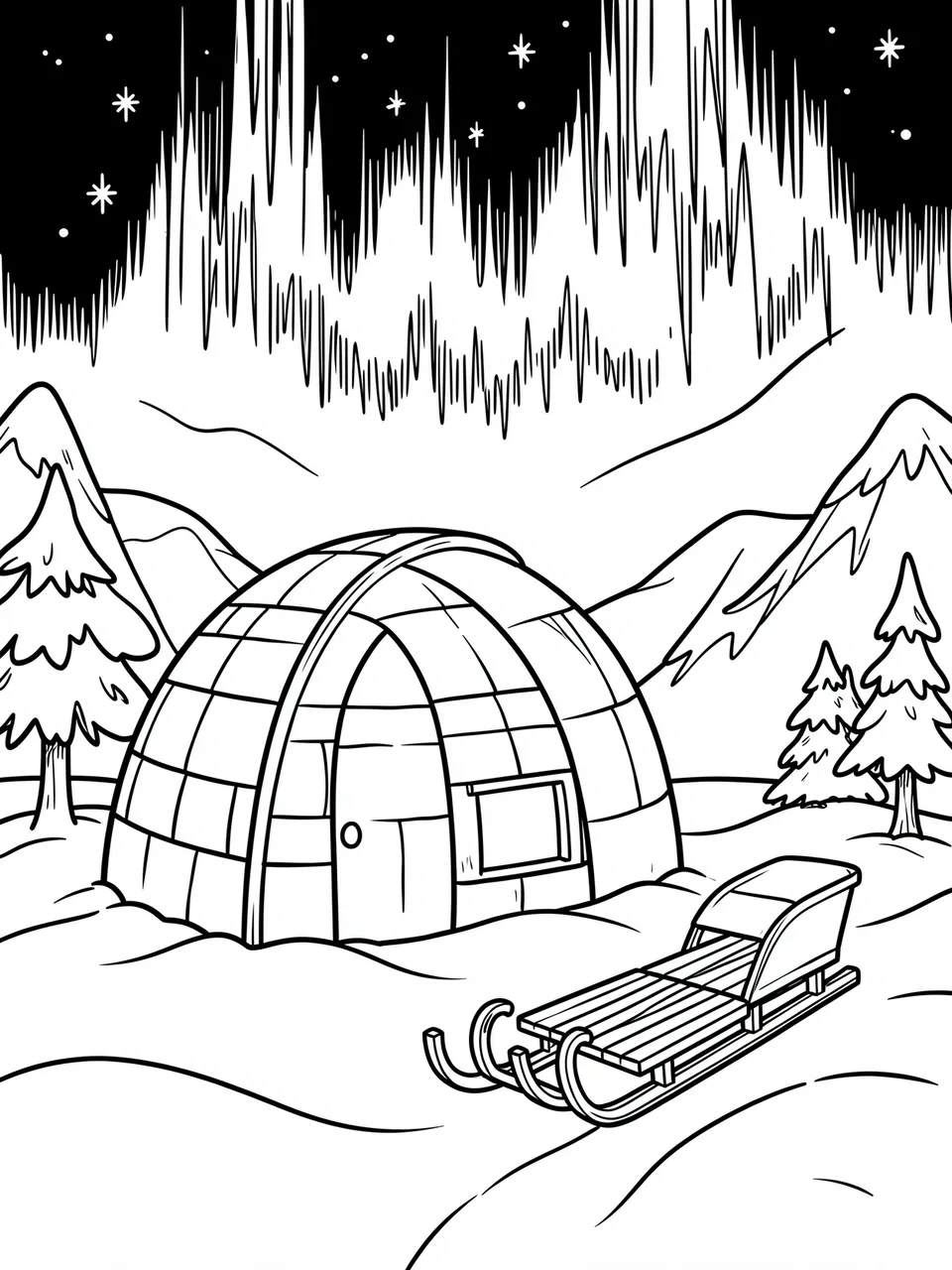 Black and white line art of an igloo, sled, northern lights, trees and snowy mountains on a coloring page