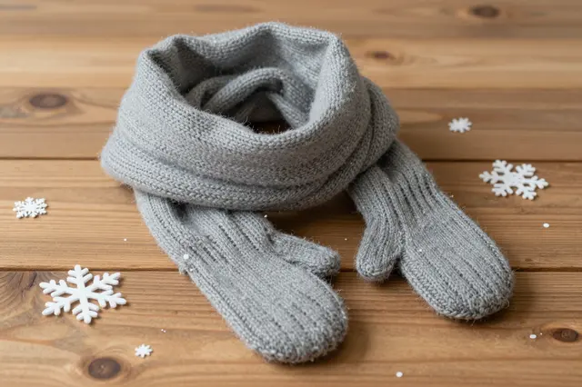 Gray knit scarf and matching mittens rest on a wooden table with decorative snowflakes.