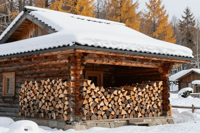 Wooden mountain hut with stacked firewood, fresh snow on the roof, and golden larches in the background.