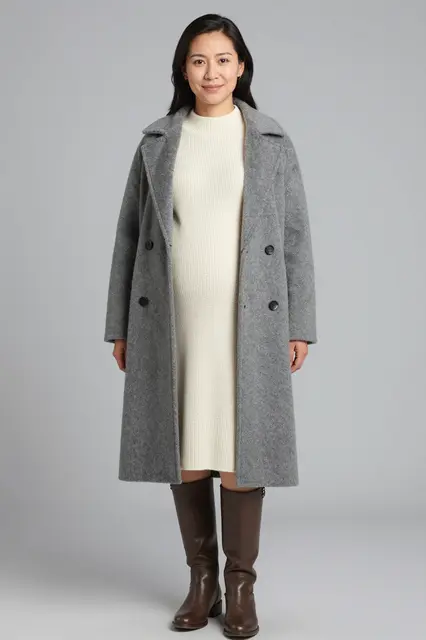 Pregnant woman in a gray coat, cream sweater dress and brown knee boots stands against a plain gray studio background.